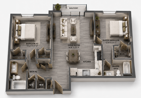 Floor plan for 2 beds, 2 baths, 1055 sqft