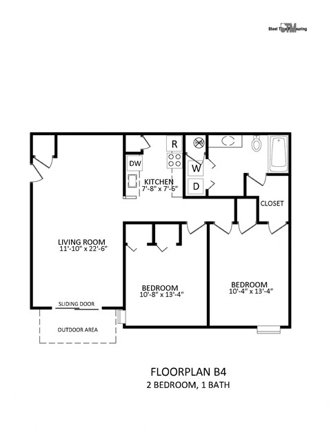 Floor plan for 2 beds, 1 bath, 902 sqft
