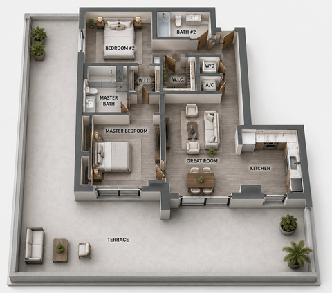Floor plan for 2 beds, 2 baths, 1001 sqft