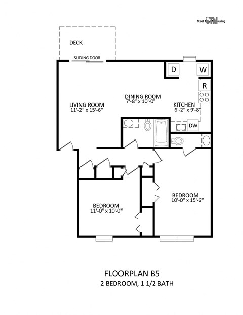 Floor plan for 2 beds, 1.5 baths, 861 sqft