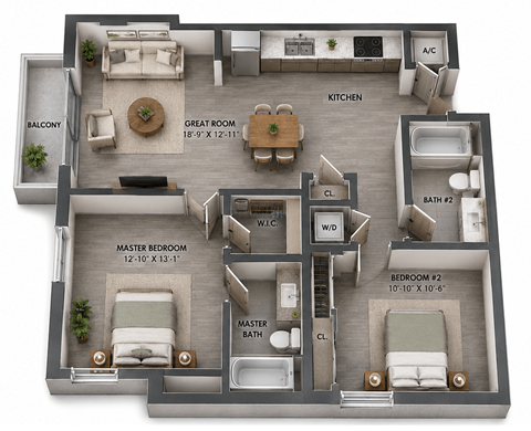 Floor plan for 2 beds, 2 baths, 973 sqft