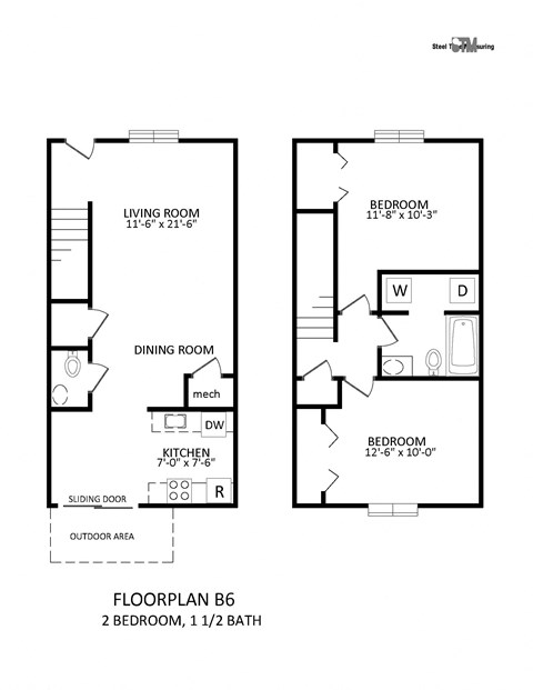 Floor plan for 2 beds, 1.5 baths, 990 sqft