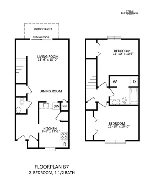 Floor plan for 2 beds, 1.5 baths, 1029 sqft
