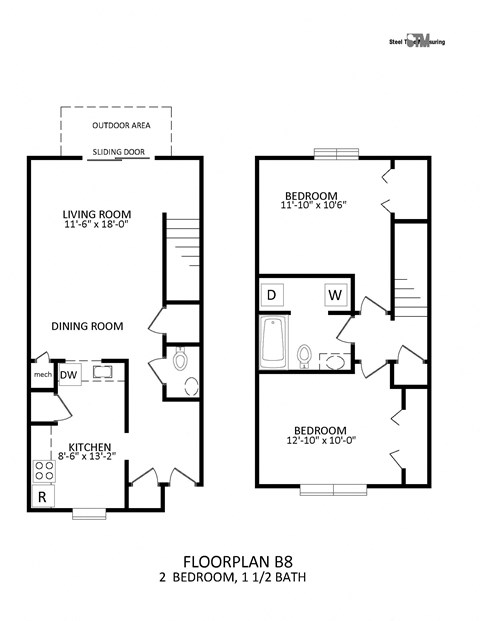 Floor plan for 2 beds, 1.5 baths, 1044 sqft