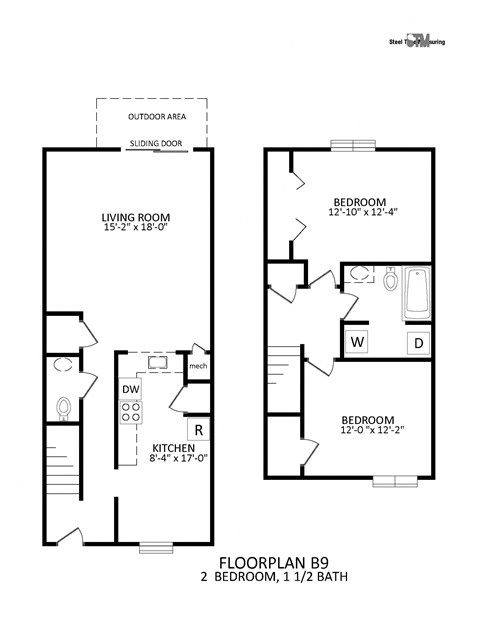 Floor plan for 2 beds, 1.5 baths, 1190 sqft