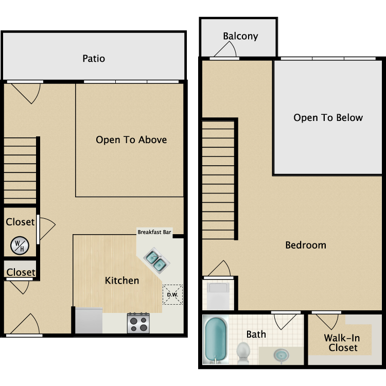 Floor plan for 1 bed, 1 bath, 990 sqft