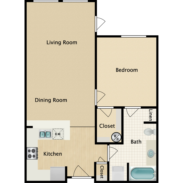 Floor plan for 1 bed, 1 bath, 712 sqft