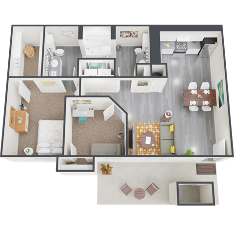 Floor plan for 2 beds, 1.5 baths, 886 sqft