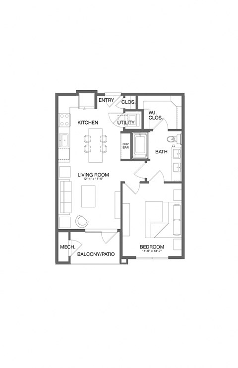 Floor plan for 1 bed, 1 bath, 745 sqft