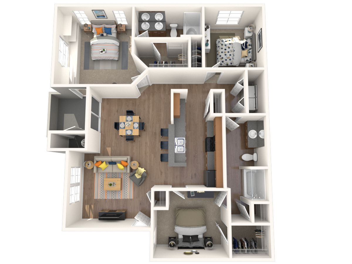 Floor plan for 3 beds, 2 baths, 1289 sqft
