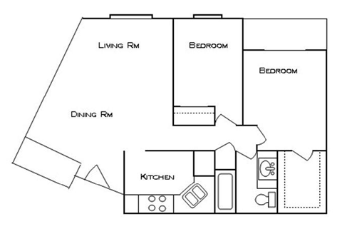 Floor plan for 2 beds, 1 bath, 915 sqft