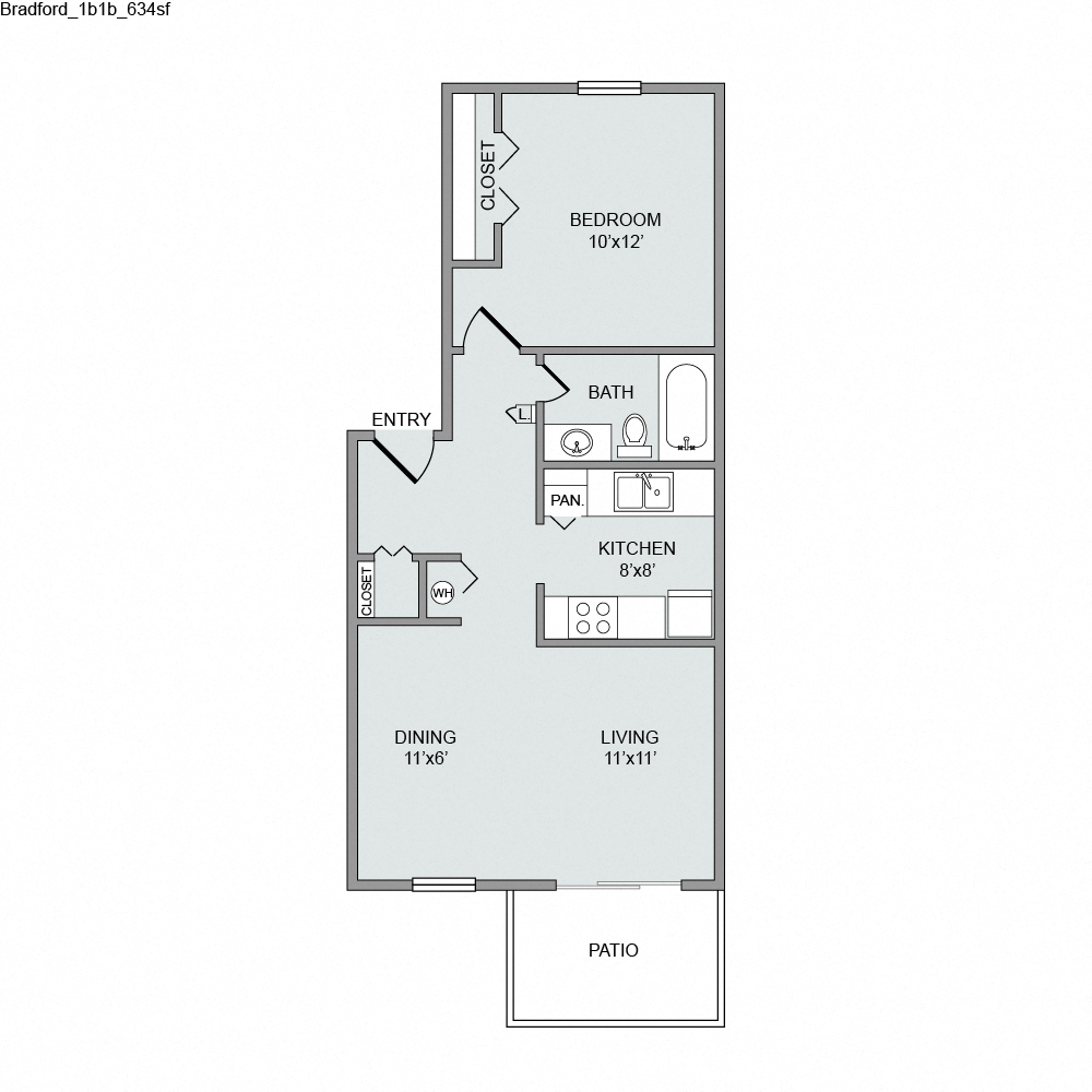 Floor plan for 1 bed, 1 bath, 634 sqft