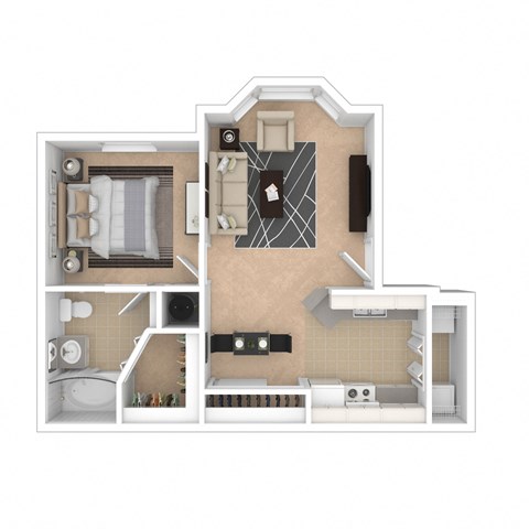 Floor plan for 1 bed, 1 bath, 630 sqft