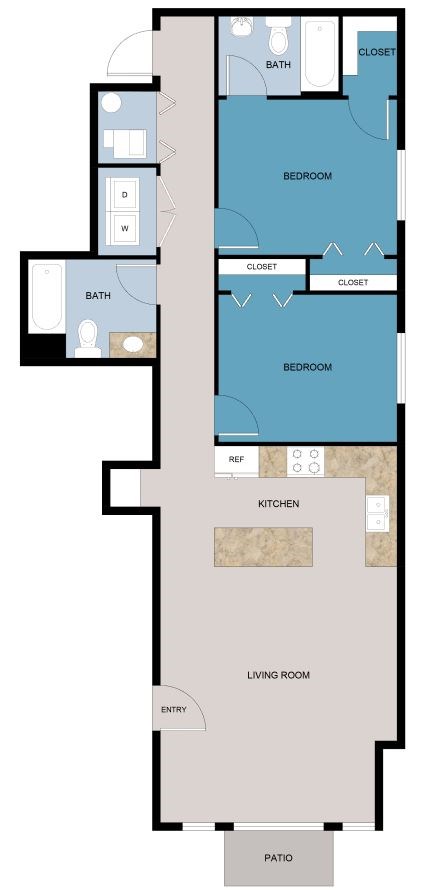 Floor plan for 2 beds, 2 baths, 1212 sqft
