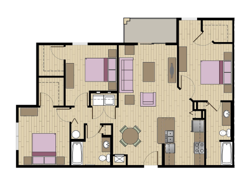 Floor plan for 3 beds, 2 baths, 1312 sqft