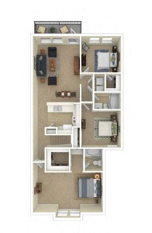 Floor plan for 3 beds, 2 baths, 1322 sqft