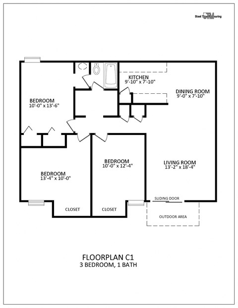 Floor plan for 3 beds, 1 bath, 1062 sqft