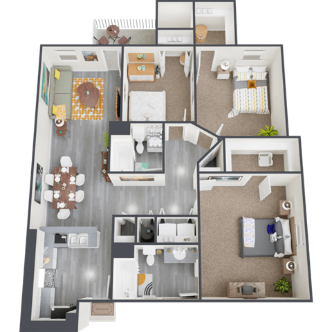 Floor plan for 3 beds, 2 baths, 1242 sqft