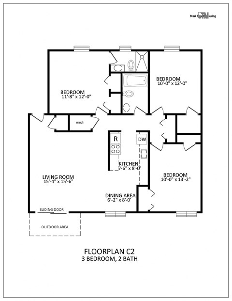 Floor plan for 3 beds, 2 baths, 1066 sqft