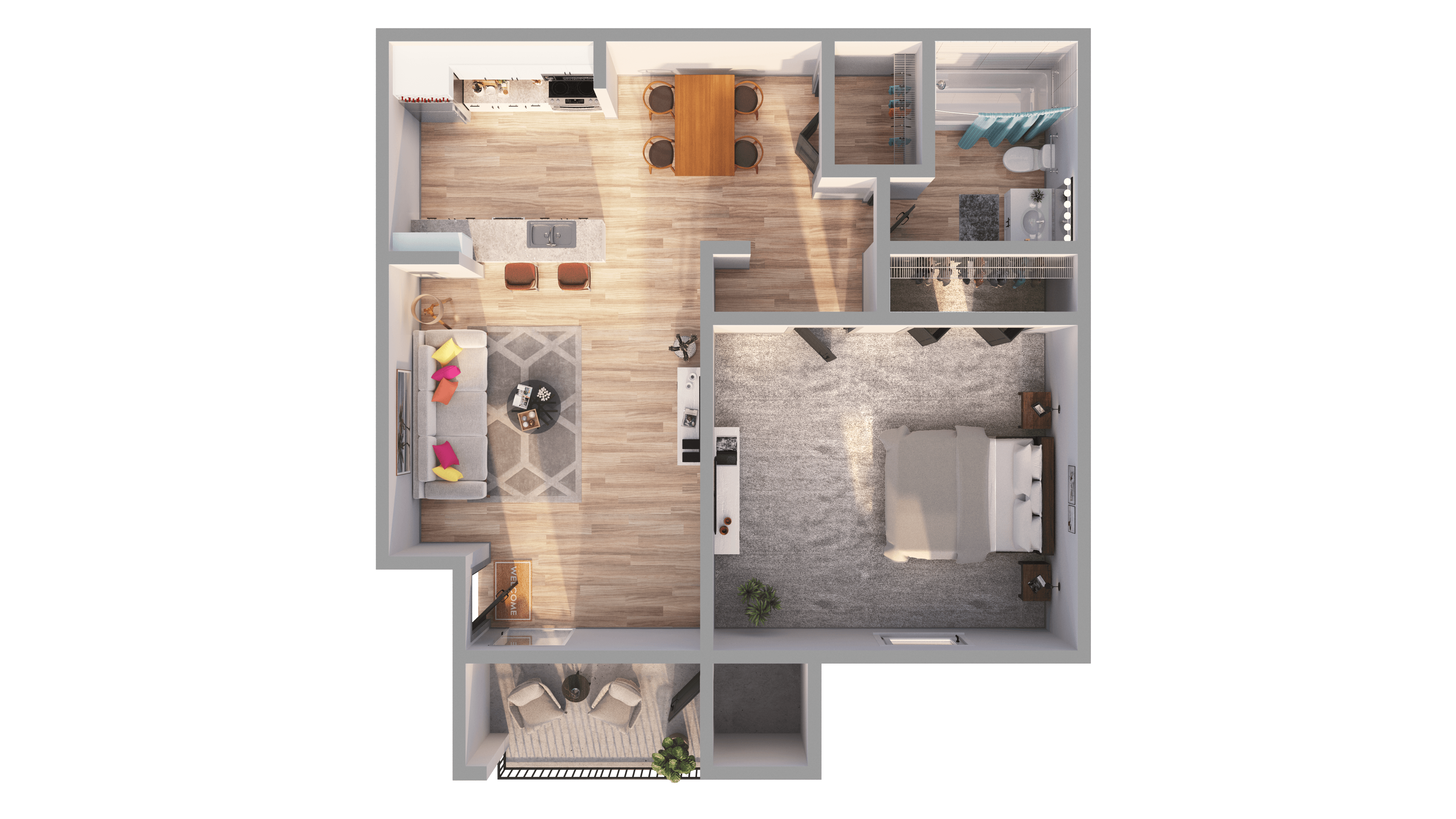 Floor plan for 1 bed, 1 bath, 700 sqft