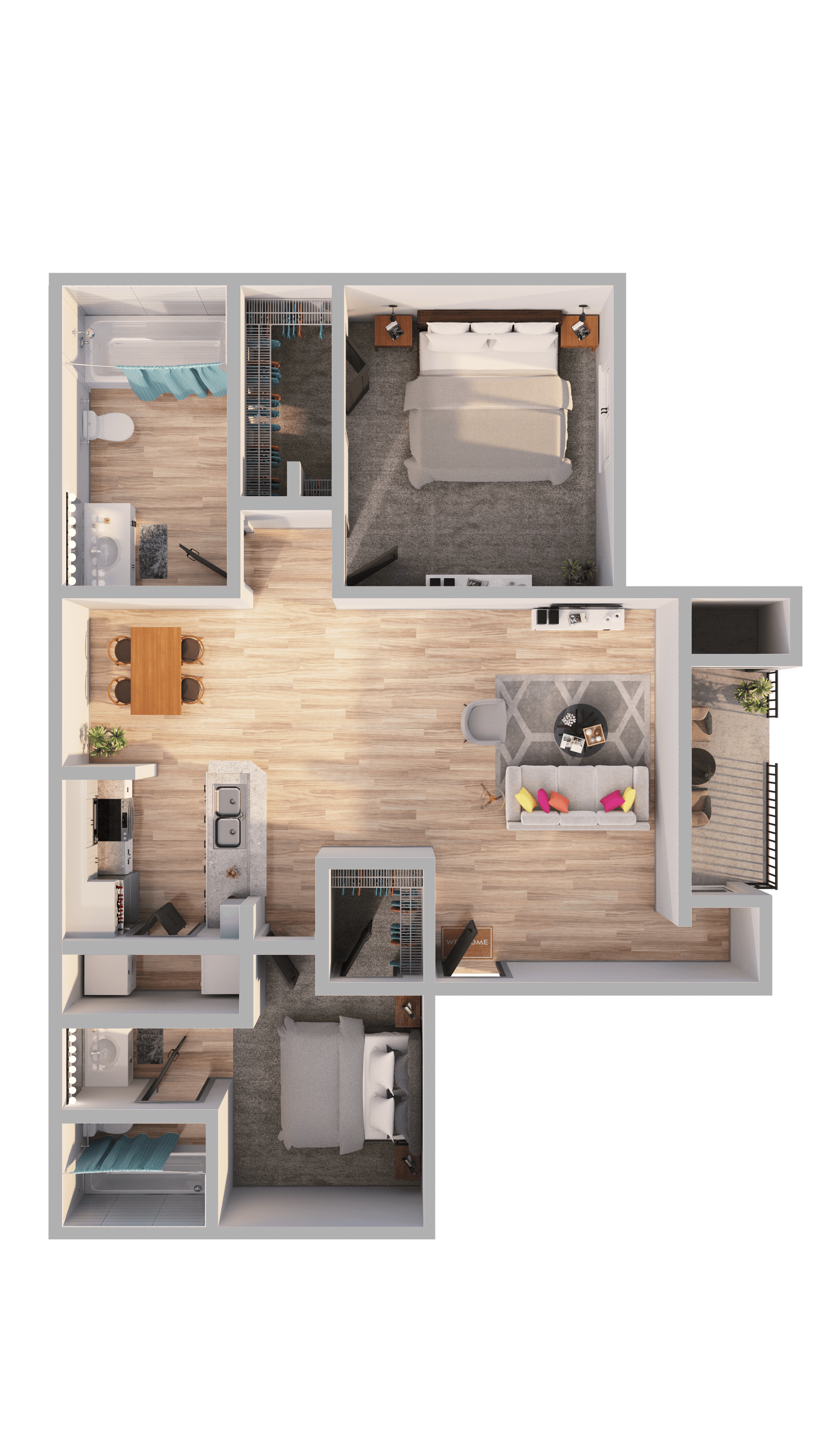 Floor plan for 2 beds, 2 baths, 1000 sqft