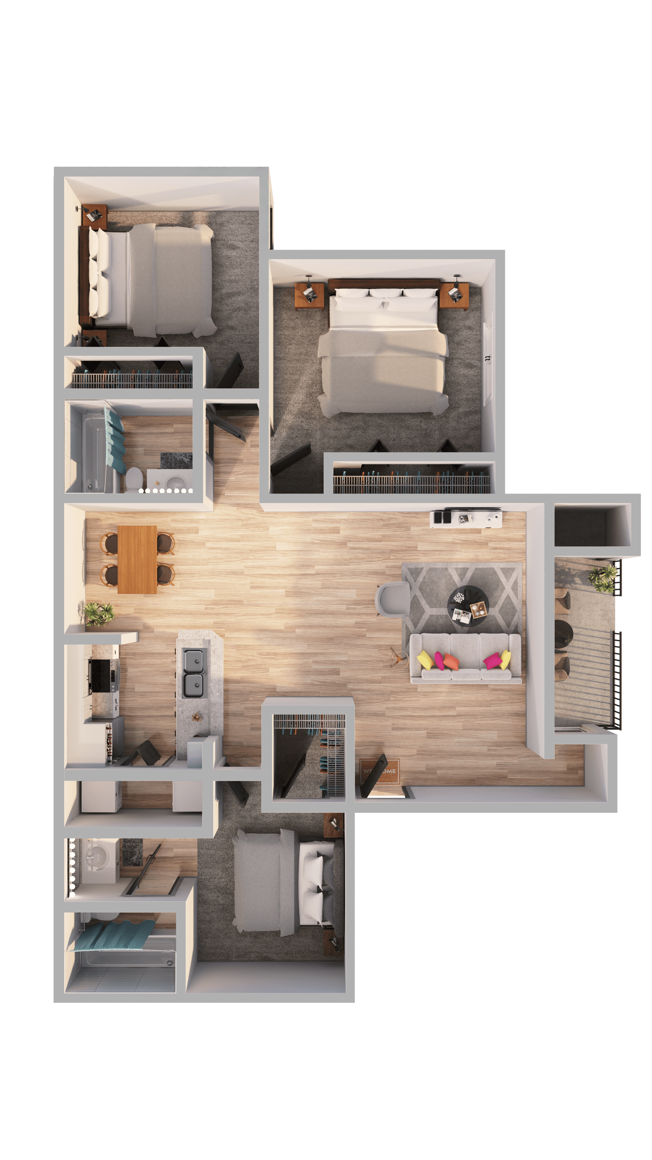 Floor plan for 3 beds, 2 baths, 1100 sqft