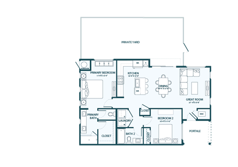 Floor plan for 2 beds, 2 baths, 1119 sqft