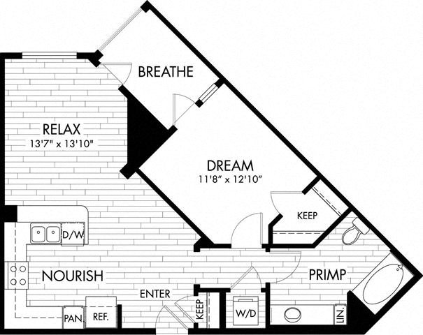 Floor plan for 1 bed, 1 bath, 711 sqft