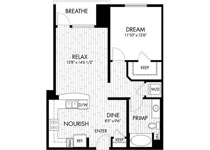Floor plan for 1 bed, 1 bath, 772 sqft