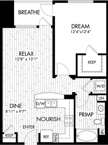 Floor plan for 1 bed, 1 bath, 785 sqft