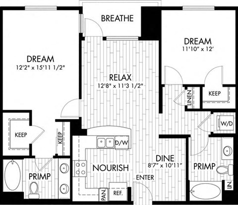 Floor plan for 2 beds, 2 baths, 1076 sqft