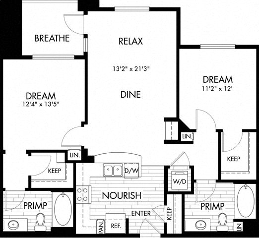 Floor plan for 2 beds, 2 baths, 1078 sqft