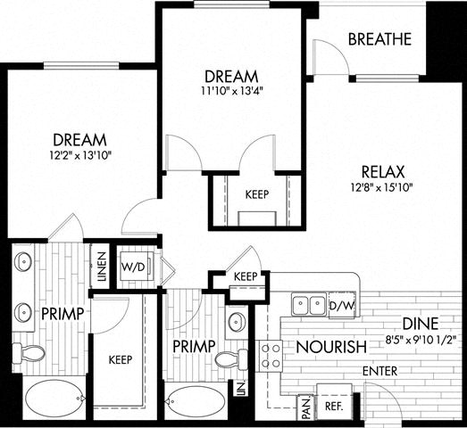 Floor plan for 2 beds, 2 baths, 1114 sqft