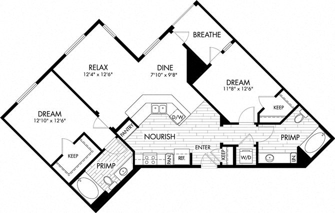 Floor plan for 2 beds, 2 baths, 1134 sqft