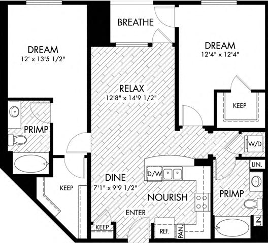 Floor plan for 2 beds, 2 baths, 1134 sqft