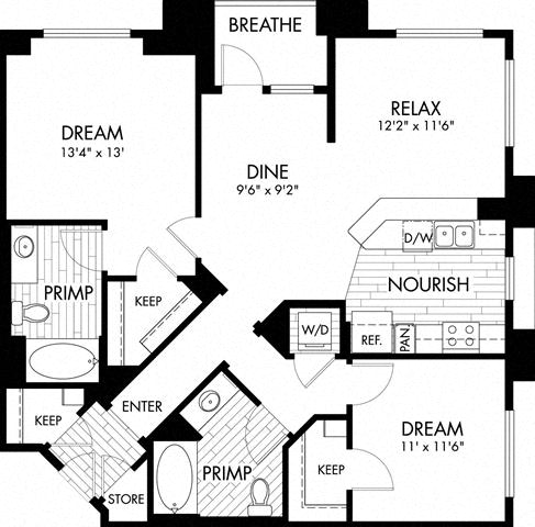 Floor plan for 2 beds, 2 baths, 1141 sqft