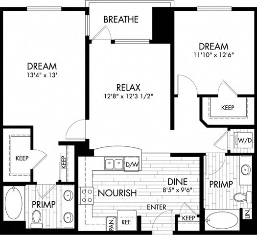 Floor plan for 2 beds, 2 baths, 1149 sqft