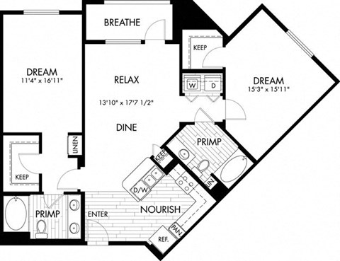 Floor plan for 2 beds, 2 baths, 1171 sqft