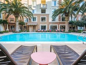Milpitas apartment for rent - One-Bedroom Apartments in Milpitas, CA - Ilara Apartments - Swimming Pool With Lounge Chairs, Palm Trees, Clear Water, Apartment Building, Balcony Railings, And Seating Along The Deck.