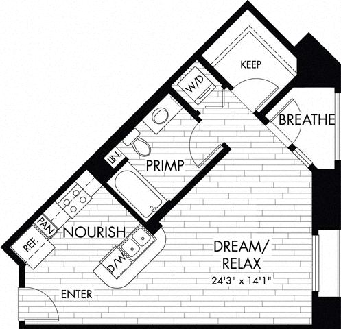 Floor plan for studio, 1 bath, 532 sqft