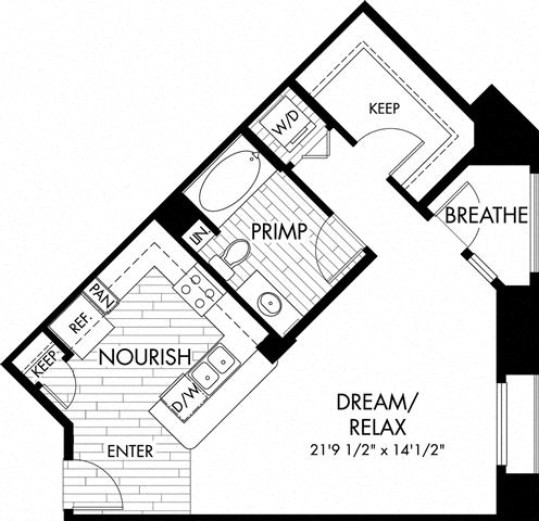 Floor plan for studio, 1 bath, 627 sqft