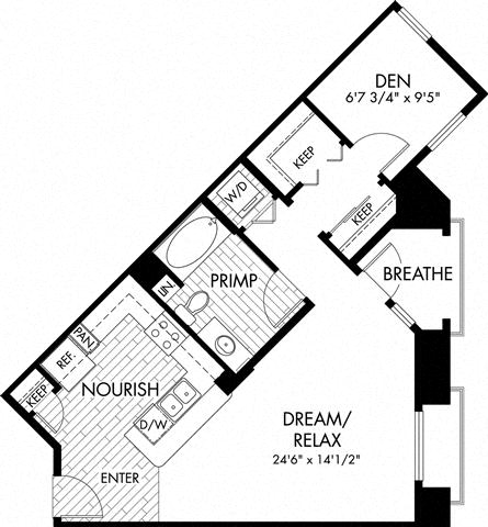 Floor plan for studio, 1 bath, 713 sqft
