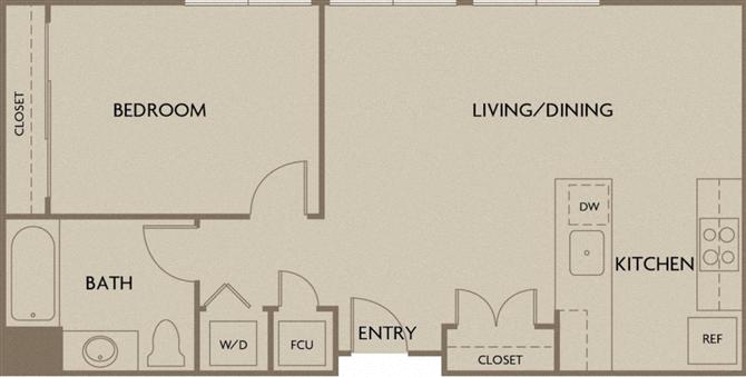 Floor plan for 1 bed, 1 bath, 658 sqft