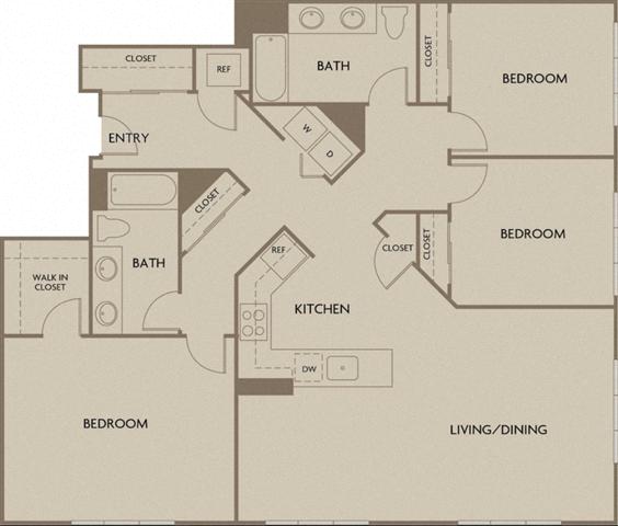 Floor plan for 3 beds, 2 baths, 1206 sqft