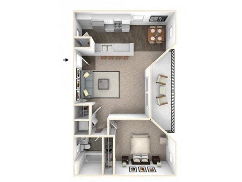 Floor plan for 1 bed, 1 bath, 698 sqft