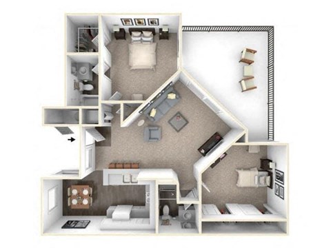 Floor plan for 2 beds, 2 baths, 1001 sqft
