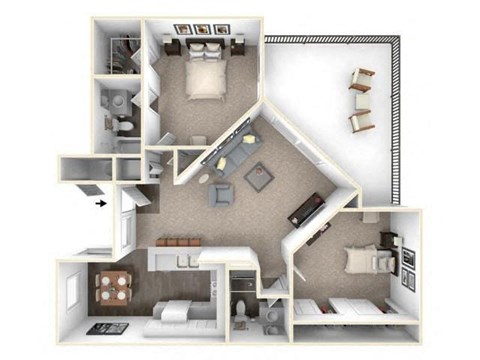 Floor plan for 2 beds, 2 baths, 1001 sqft
