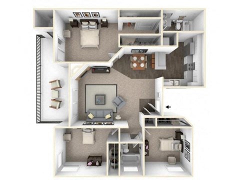 Floor plan for 3 beds, 2 baths, 1125 sqft