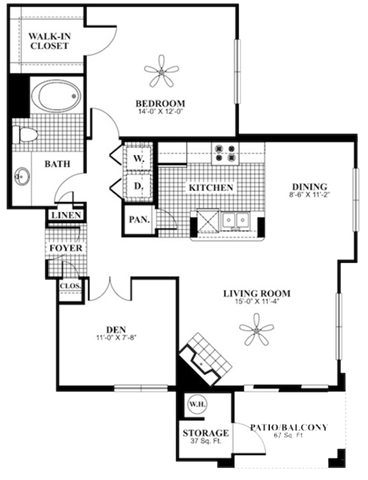 Floor plan for 1 bed, 1 bath, 975 sqft