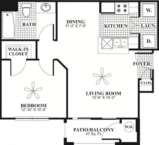 Floor plan for 1 bed, 1 bath, 615 sqft